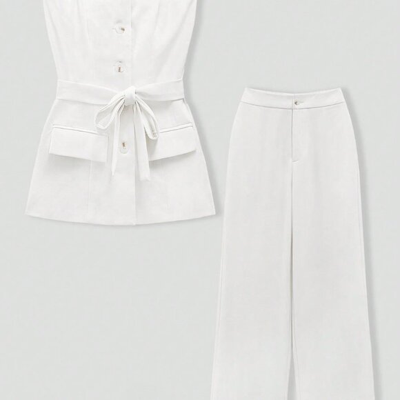 White Casual Women's Strapless Metal Button Top & Elastic Waist Pants Set - Picture 9 of 10